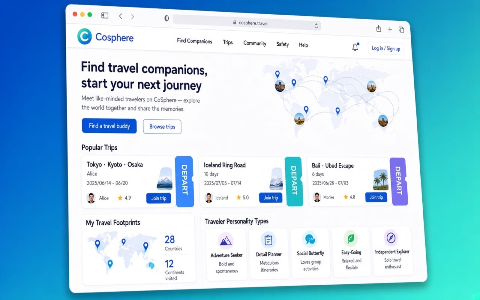 CoSphere travel companion platform homepage showing trip discovery, traveler personality types, and travel footprints map