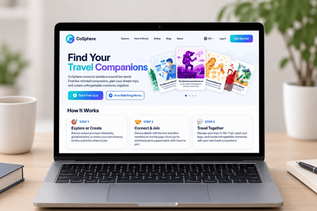 Laptop on a desk showing the CoSphere travel homepage, with illustrated traveler cards and a three-step how-it-works section